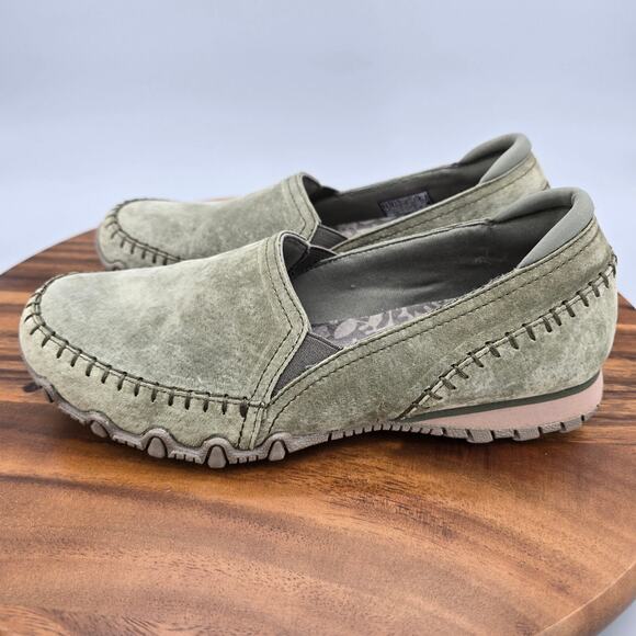 Skechers Shoes Womens 7.5 Olive Suede Leather Bikers Relaxed Fit Slip On Loafers - Picture 3 of 7